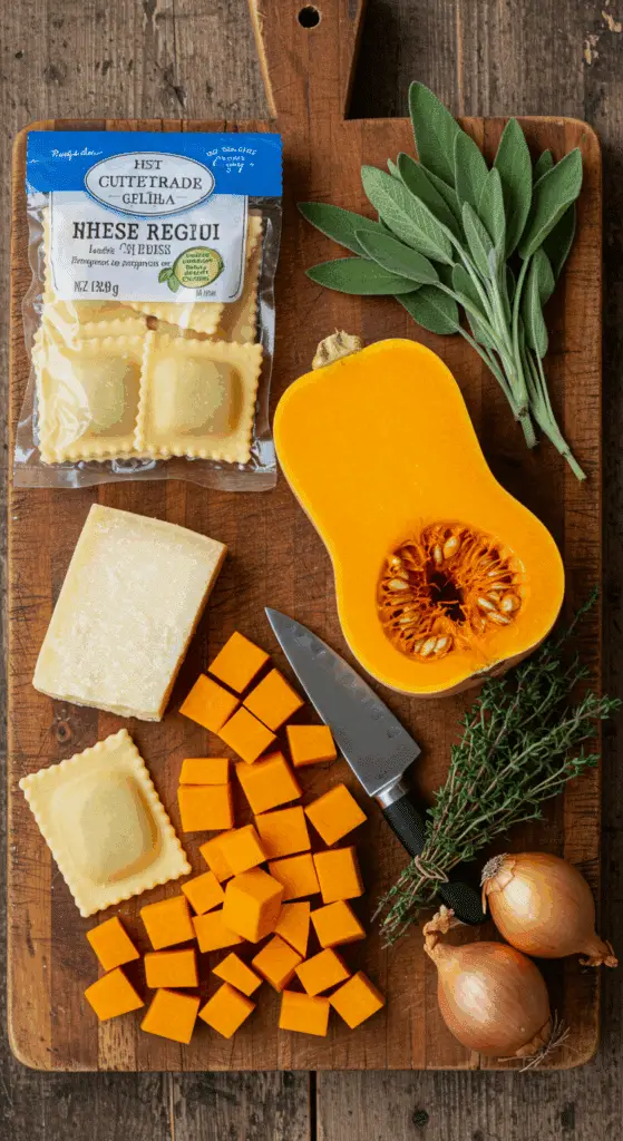 The simple, from-scratch ingredients for the classic and creamy Butternut Squash Ravioli recipe with a sage sauce.