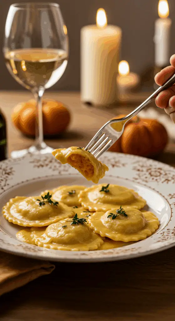 An elegant plate of homemade, creamy Butternut Squash Ravioli being enjoyed for a sophisticated and cozy, candlelit fall dinner.