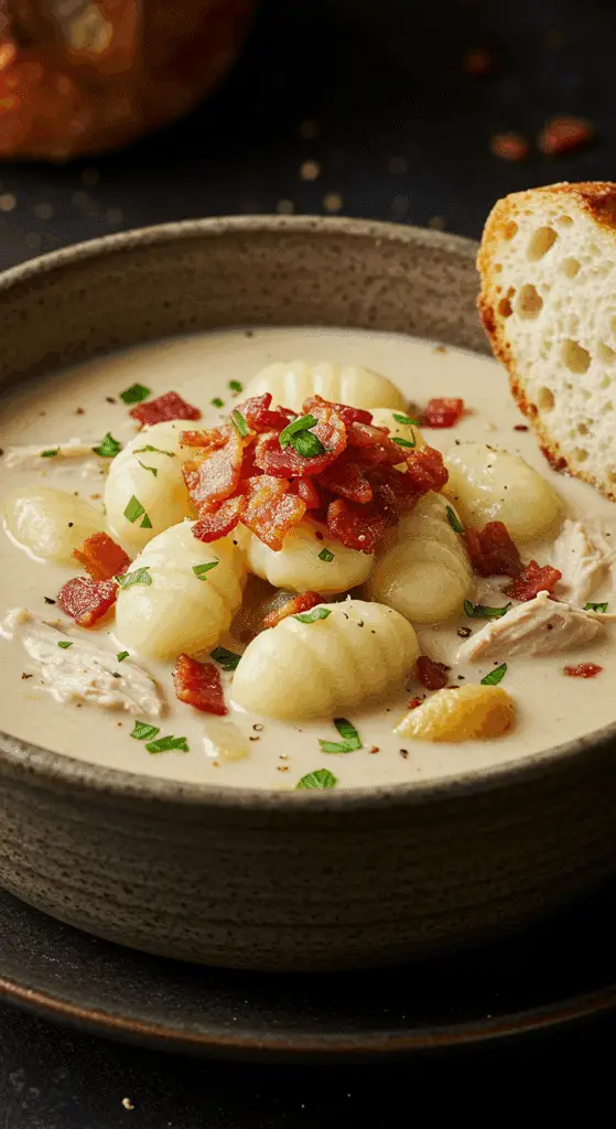 A beautiful, rustic bowl of homemade, creamy Chicken Bacon Gnocchi Soup, with pillowy gnocchi, tender chicken, and a generous topping of crispy bacon.