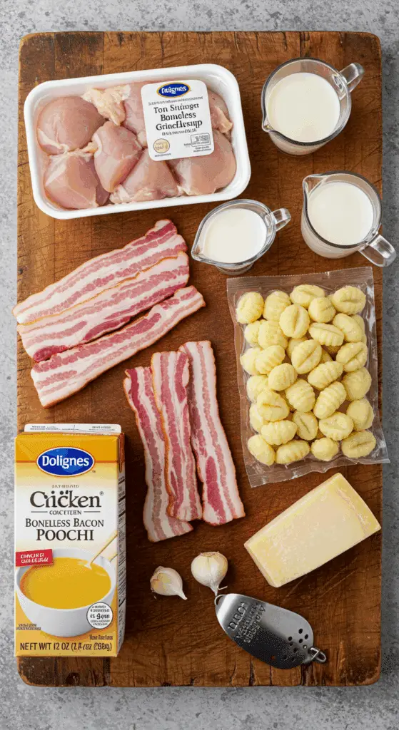 The simple, from-scratch ingredients for the classic and creamy Chicken Bacon Gnocchi Soup recipe.