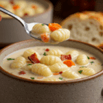 A cozy bowl of homemade, creamy Chicken Bacon Gnocchi Soup being served for a casual family dinner.