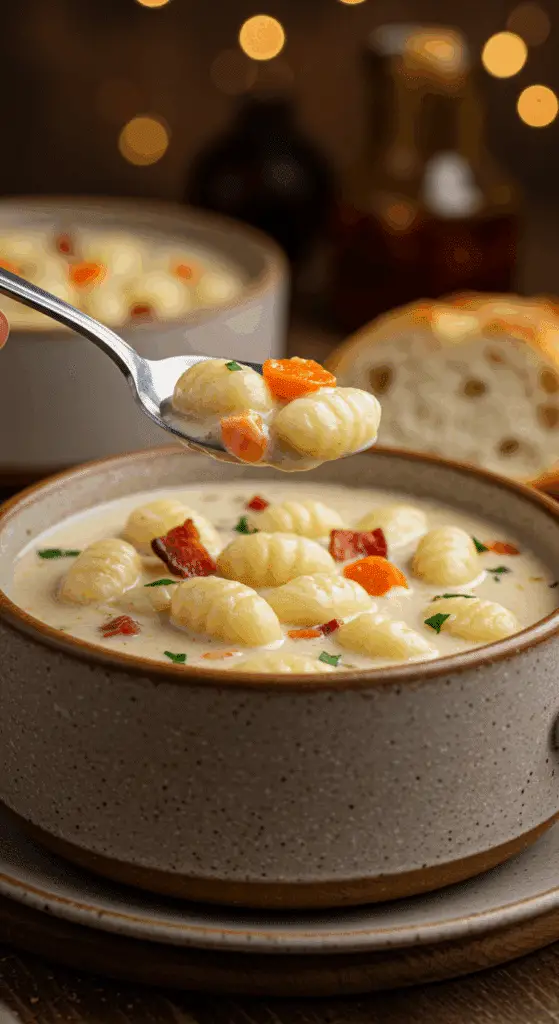 A cozy bowl of homemade, creamy Chicken Bacon Gnocchi Soup being served for a casual family dinner.