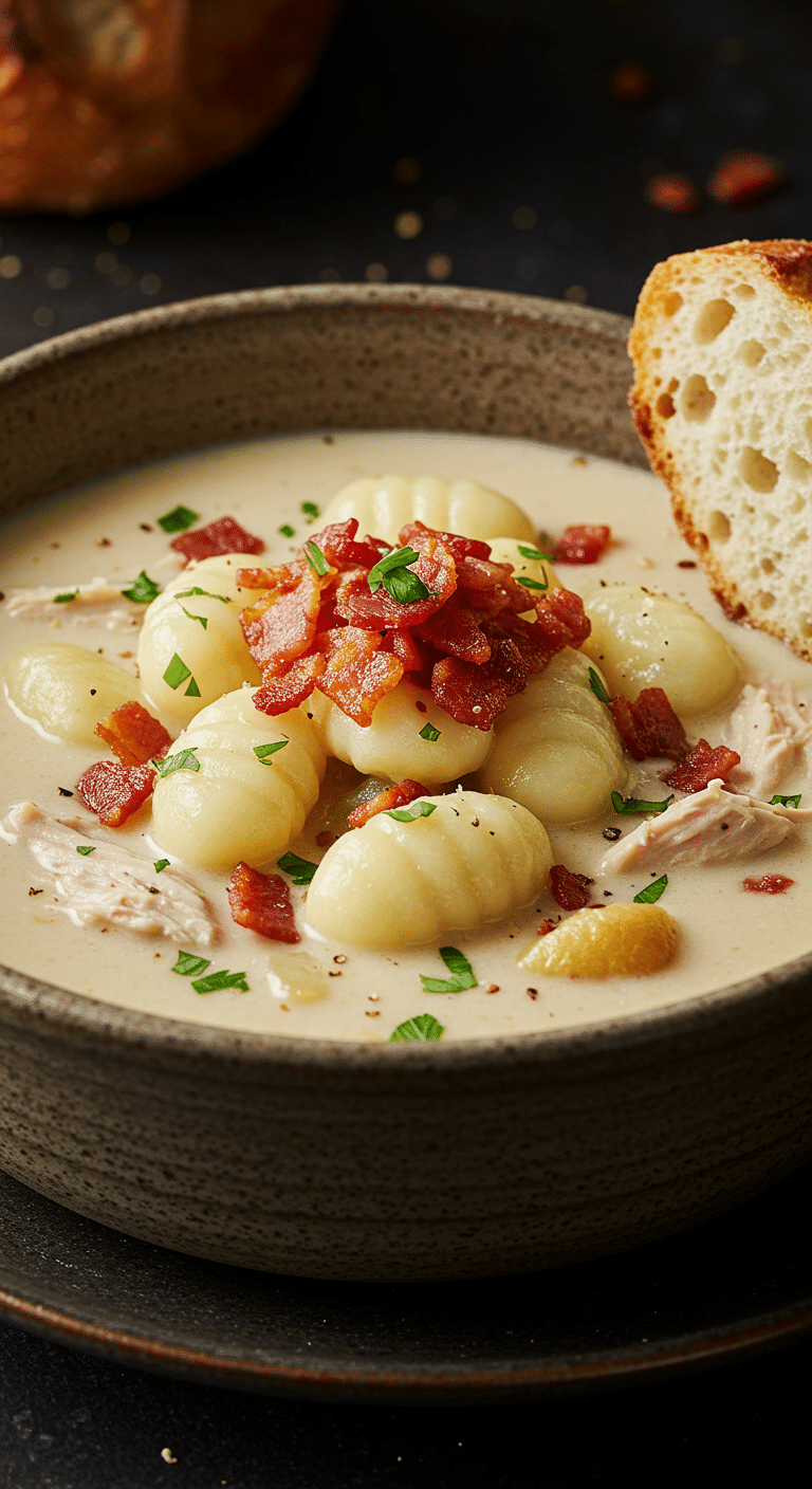 A beautiful, rustic bowl of homemade, creamy Chicken Bacon Gnocchi Soup, with pillowy gnocchi, tender chicken, and a generous topping of crispy bacon.