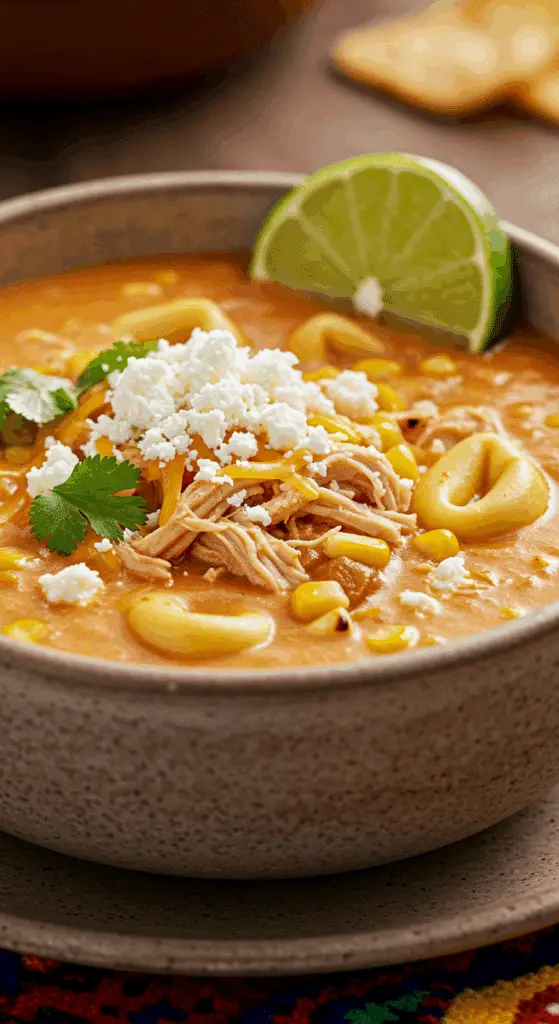 A beautiful, rustic bowl of homemade, creamy, and high-protein Chicken Tortellini Soup, garnished with crumbled queso fresco, cilantro, and a lime wedge.