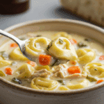 A cozy bowl of homemade, creamy Chicken Tortellini Soup being served for a casual family dinner.
