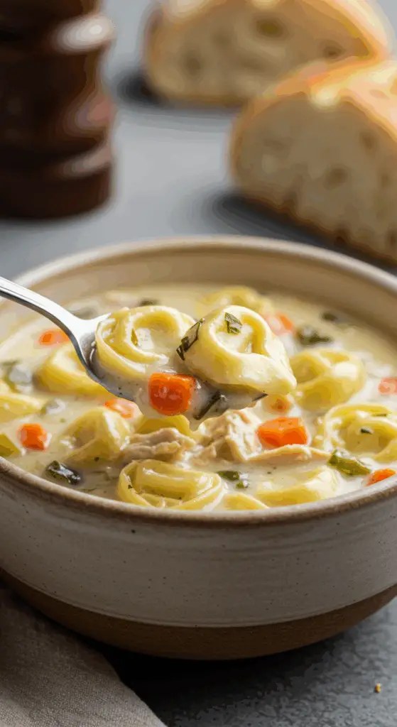 A cozy bowl of homemade, creamy Chicken Tortellini Soup being served for a casual family dinner.