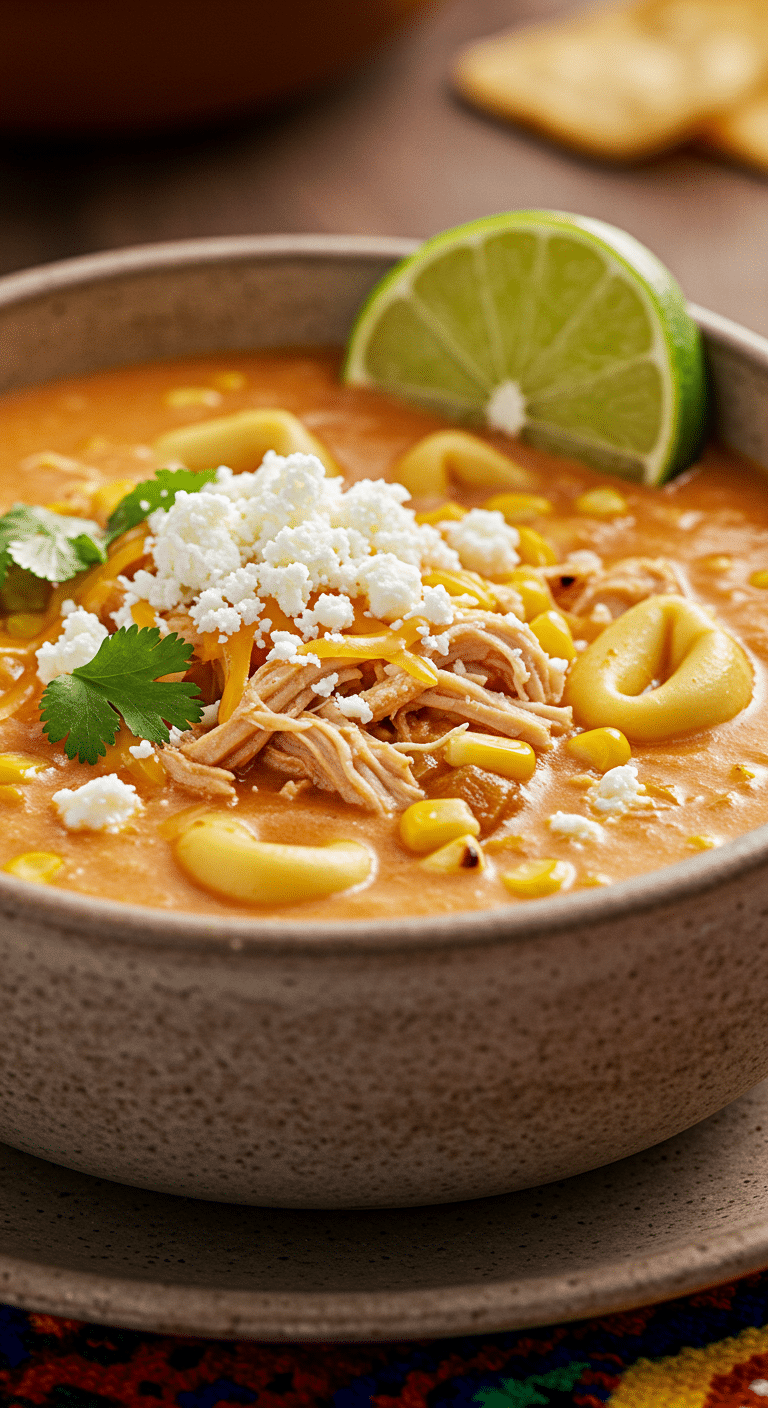 A beautiful, rustic bowl of homemade, creamy, and high-protein Chicken Tortellini Soup, garnished with crumbled queso fresco, cilantro, and a lime wedge.