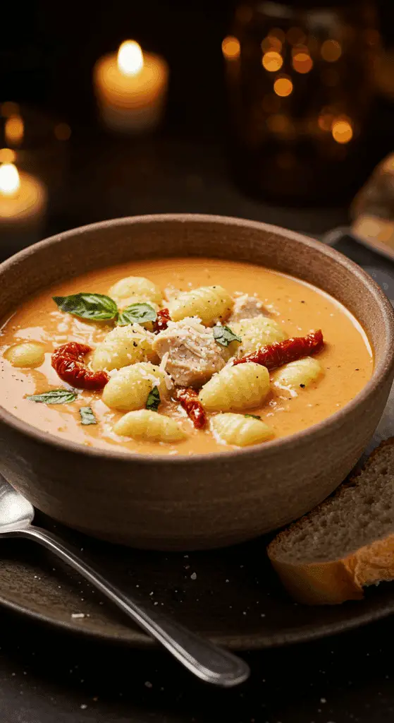 A beautiful, rustic bowl of homemade, creamy "Marry Me Chicken" Gnocchi Soup, with pillowy gnocchi, tender chicken, and sun-dried tomatoes.