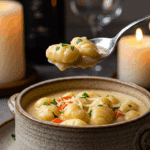 A cozy bowl of homemade, creamy "Marry Me Chicken" Gnocchi Soup being served for a romantic, candlelit dinner.