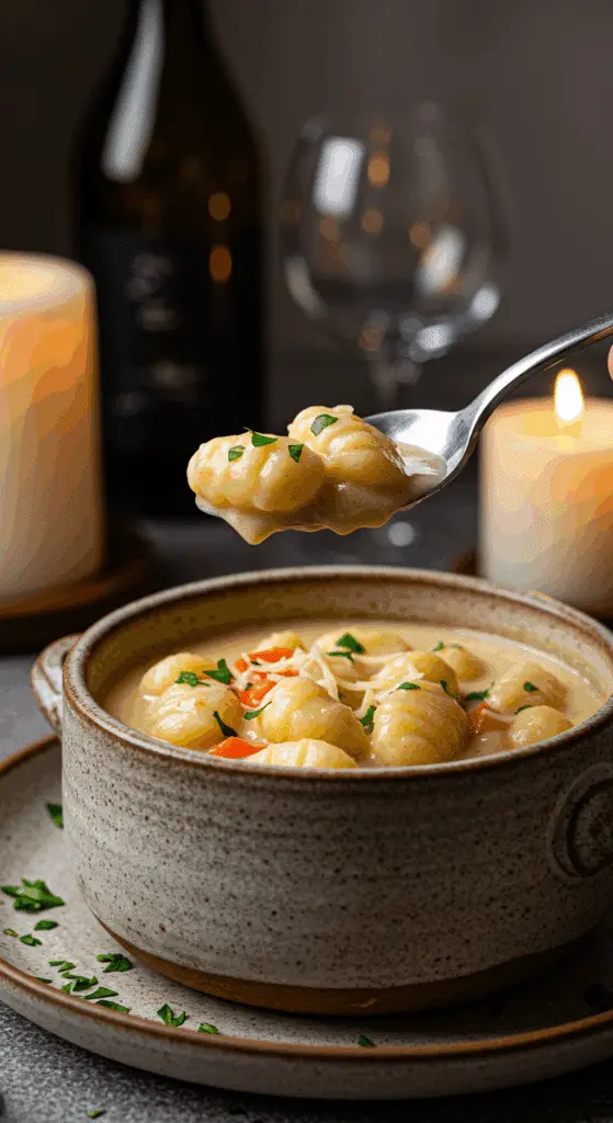 A cozy bowl of homemade, creamy "Marry Me Chicken" Gnocchi Soup being served for a romantic, candlelit dinner.