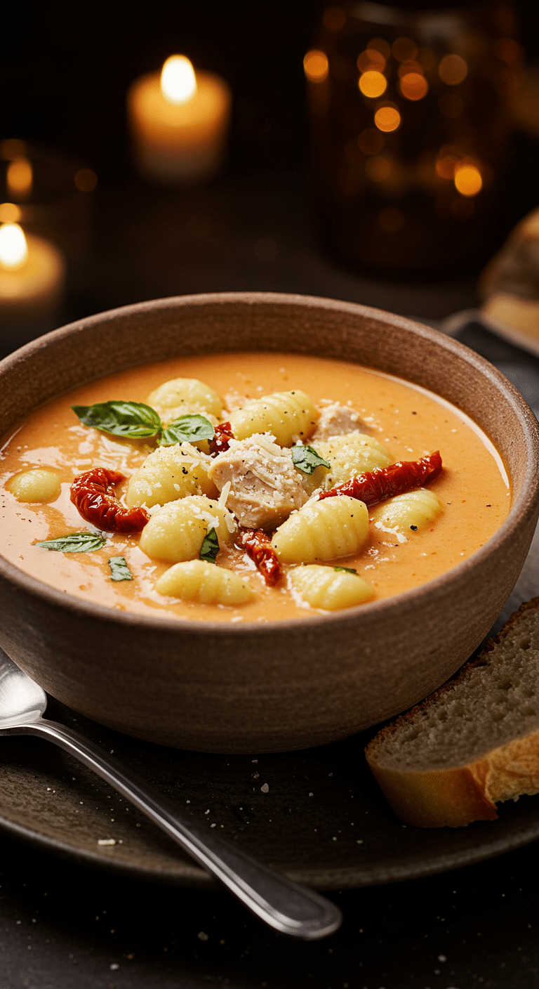 A beautiful, rustic bowl of homemade, creamy "Marry Me Chicken" Gnocchi Soup, with pillowy gnocchi, tender chicken, and sun-dried tomatoes.