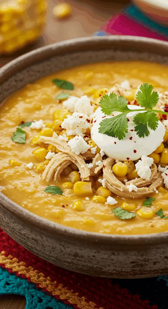 A beautiful, rustic bowl of homemade, creamy, and hearty Mexican Street Corn Soup, garnished with crumbled queso fresco, cilantro, and a dollop of sour cream.