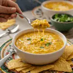 A cozy bowl of homemade, creamy Mexican Street Corn Soup being enjoyed with a spoon at a fun family dinner.