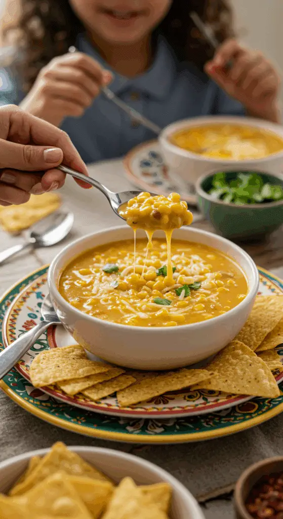 A cozy bowl of homemade, creamy Mexican Street Corn Soup being enjoyed with a spoon at a fun family dinner.