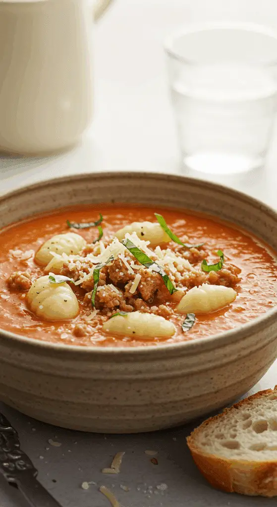 A beautiful, rustic bowl of homemade, creamy Tomato Sausage Gnocchi Soup, with pillowy gnocchi and savory sausage in a rosy-pink broth.
