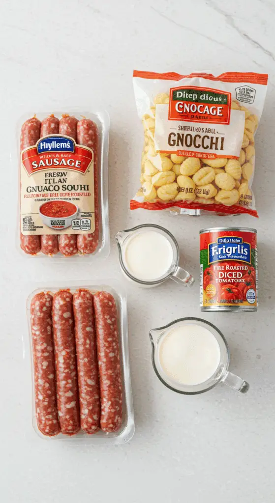 The simple, from-scratch ingredients for the classic and creamy Tomato Sausage Gnocchi Soup recipe.