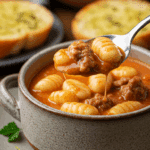 A cozy bowl of homemade, creamy Tomato Sausage Gnocchi Soup being served for a casual family dinner.