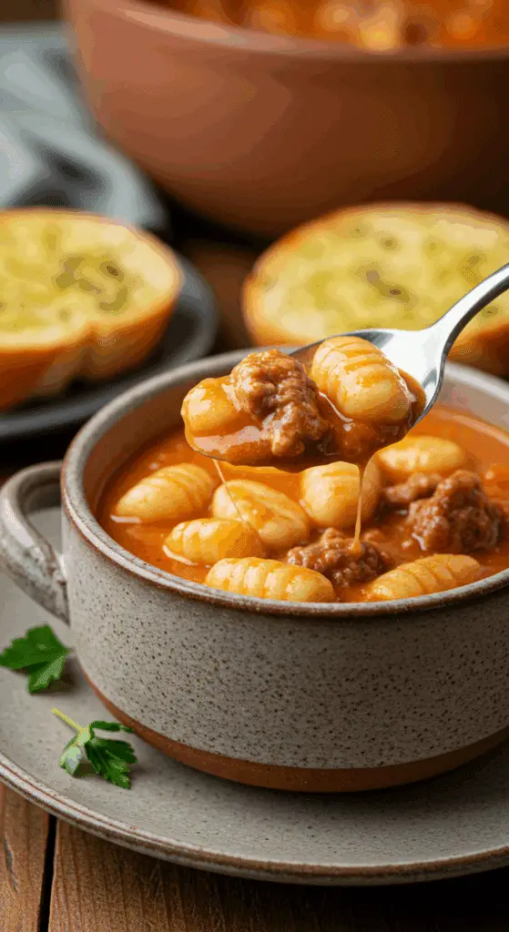 A cozy bowl of homemade, creamy Tomato Sausage Gnocchi Soup being served for a casual family dinner.