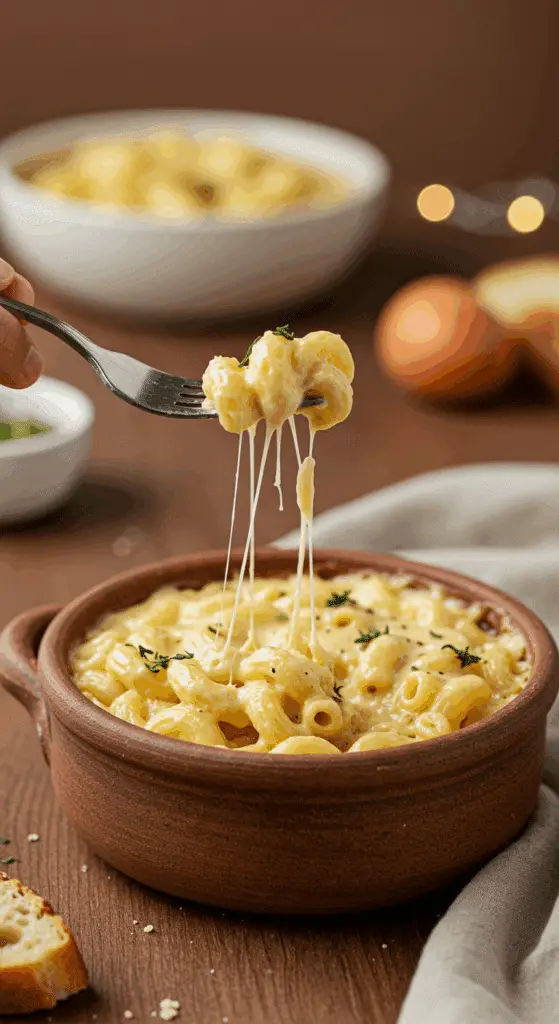 A cozy bowl of homemade, creamy Vegan Mac and Cheese being served for a family dinner.