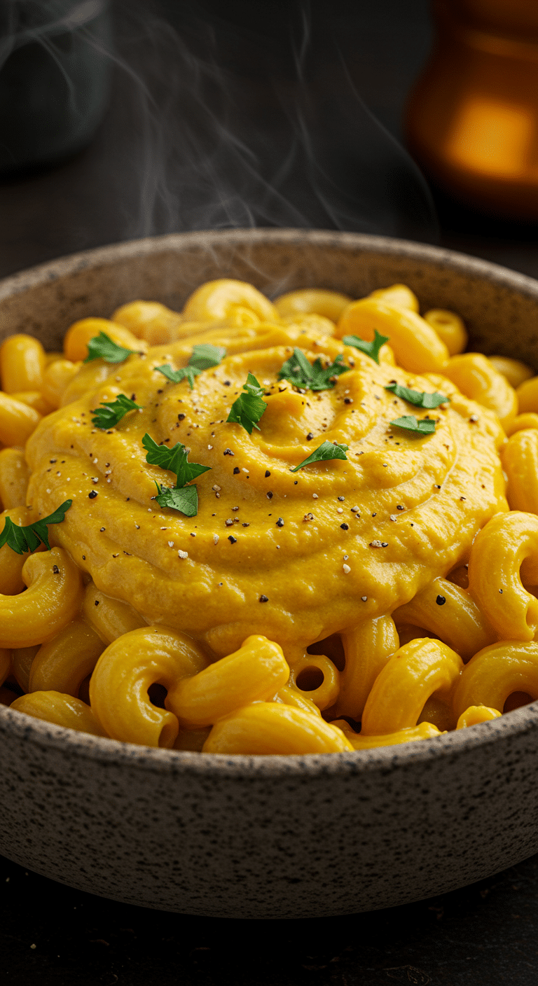 A beautiful, rustic bowl of homemade, ultra-creamy, and golden-orange Vegan Mac and Cheese, garnished with fresh parsley.