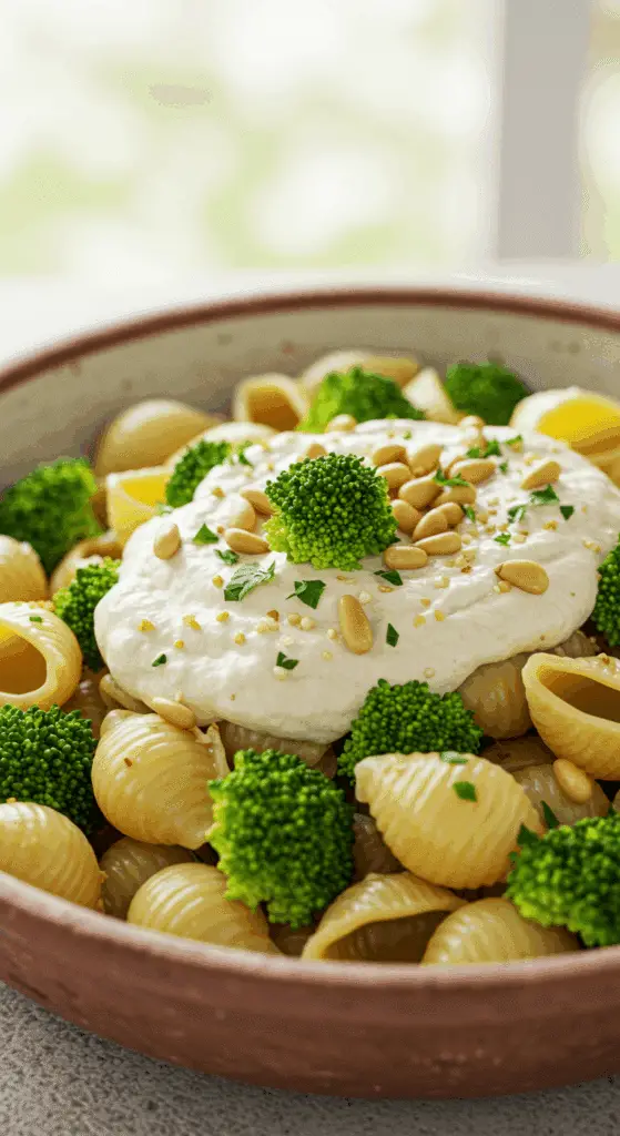 A beautiful, rustic bowl of homemade, creamy Vegan Pasta, with a luscious white bean sauce coating the shell pasta and broccoli.