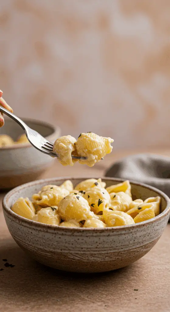A cozy bowl of homemade, creamy Vegan Pasta being served for a healthy and satisfying dinner.