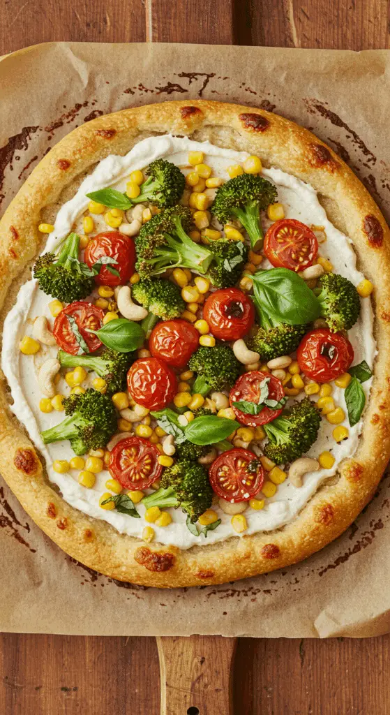 A beautiful, overhead shot of a homemade, rustic, and colorful Vegan Pizza with a creamy cashew sauce and a medley of roasted vegetables.
