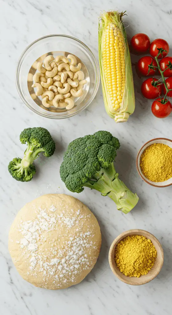 The simple, fresh, plant-based ingredients for the healthy, from-scratch Creamy Vegan Pizza recipe.