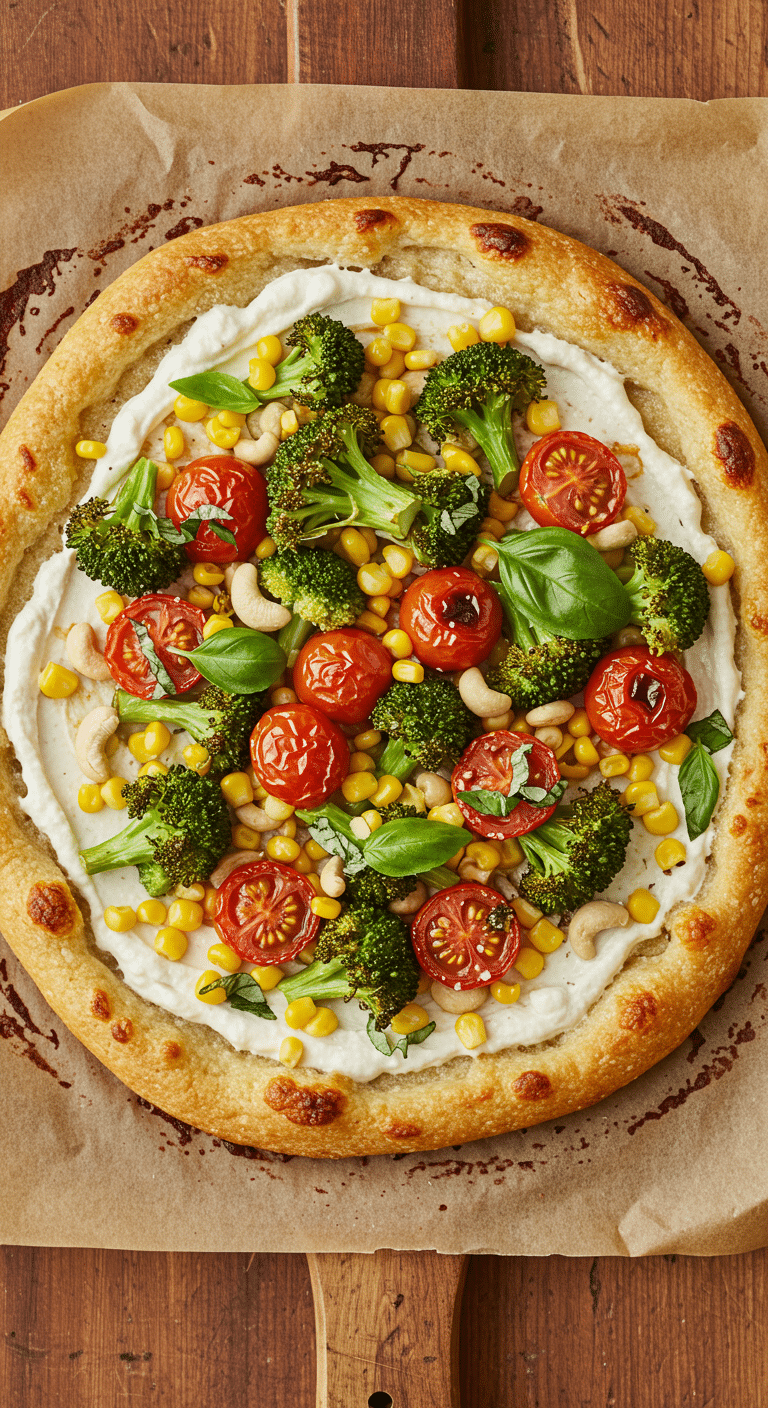 A beautiful, overhead shot of a homemade, rustic, and colorful Vegan Pizza with a creamy cashew sauce and a medley of roasted vegetables.