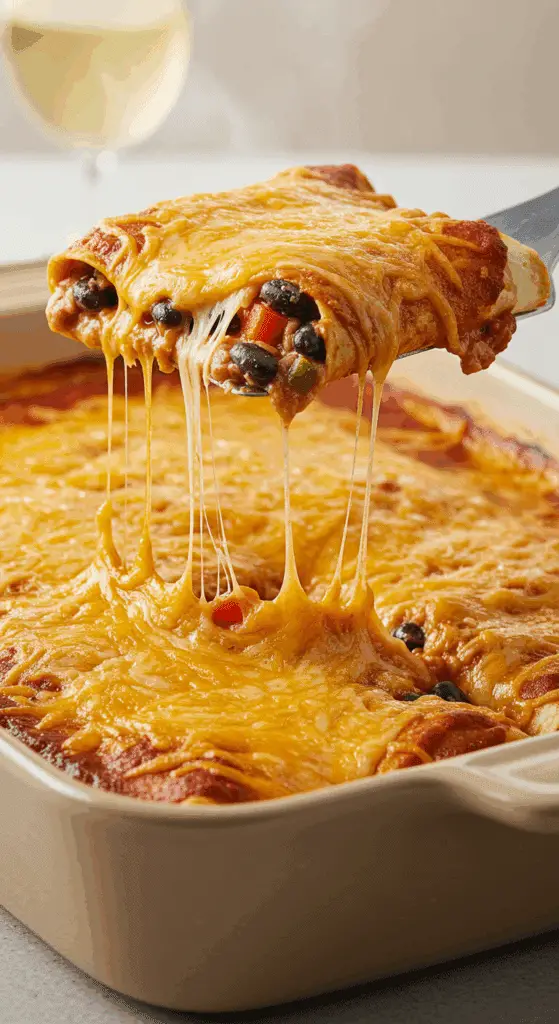 A beautiful, golden-brown homemade Healthy Veggie Enchilada Casserole in a baking dish with a cheesy, colorful, and hearty slice being lifted out.