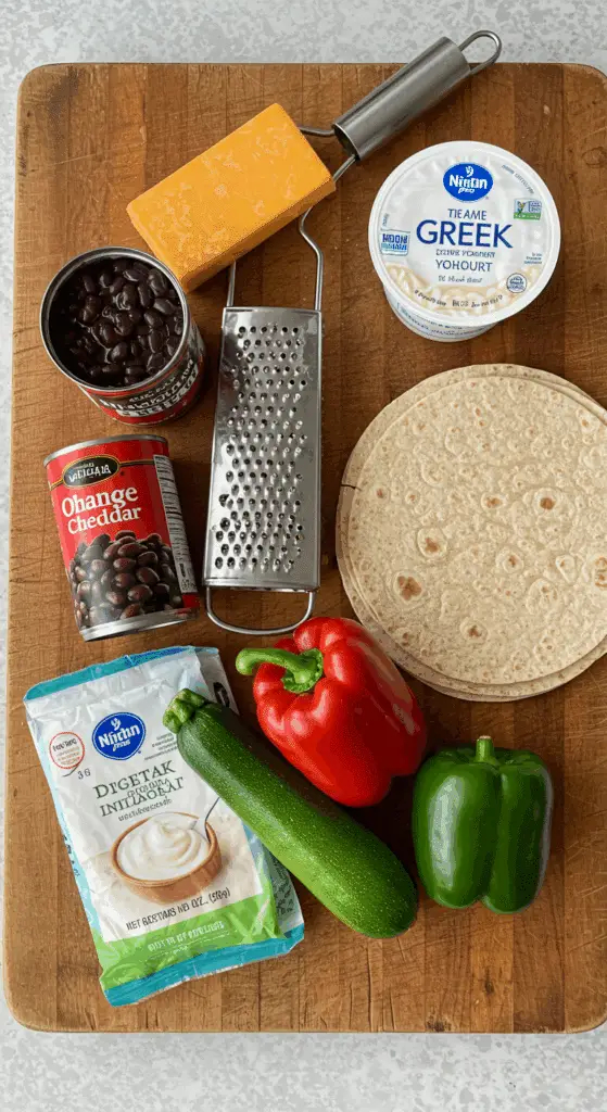 The fresh, from-scratch ingredients for the classic and healthy Vegetarian Enchilada Casserole recipe with a creamy yogurt sauce.