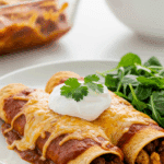 A beautiful plate of homemade, cheesy Vegetarian Enchiladas topped with sour cream, being served with a large side salad for a healthy dinner.