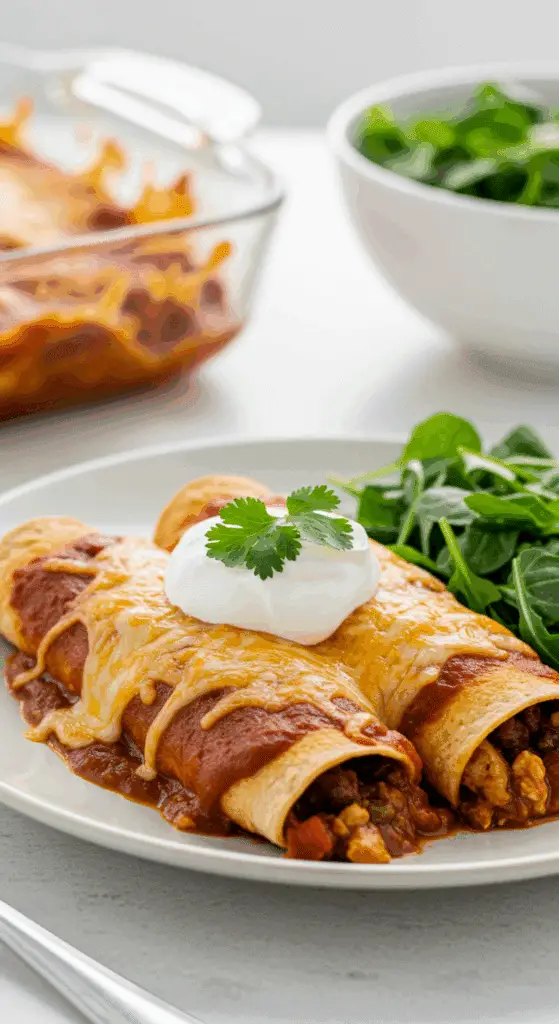 A beautiful plate of homemade, cheesy Vegetarian Enchiladas topped with sour cream, being served with a large side salad for a healthy dinner.