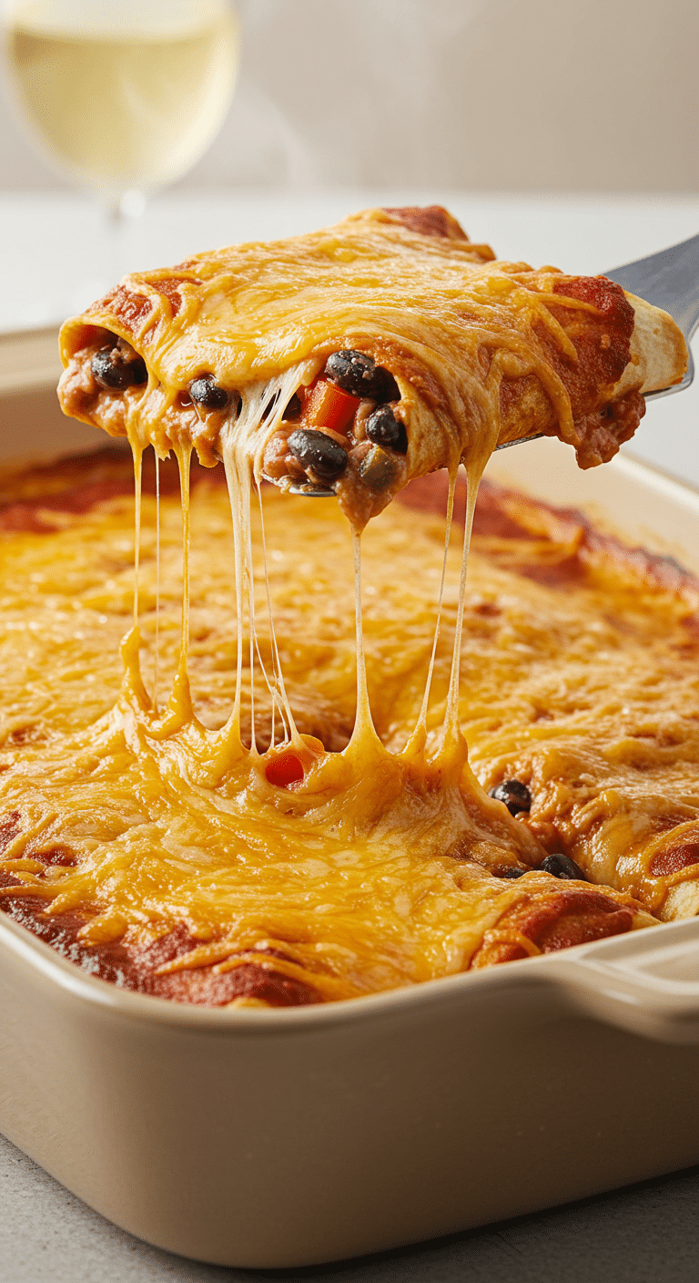 A beautiful, golden-brown homemade Healthy Veggie Enchilada Casserole in a baking dish with a cheesy, colorful, and hearty slice being lifted out.