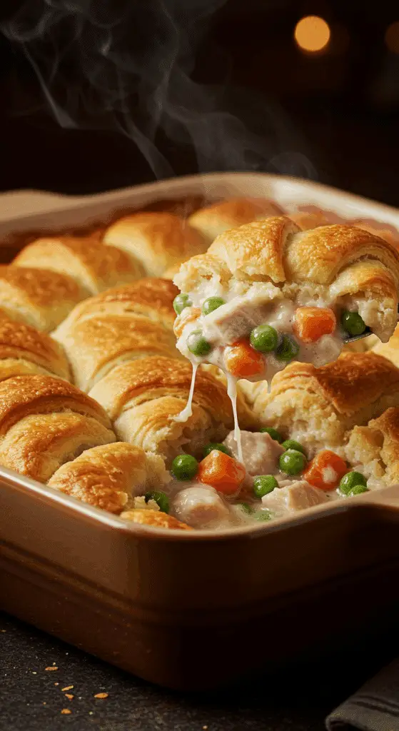 A beautiful, golden-brown homemade Crescent Turkey Casserole in a baking dish with a creamy, chunky scoop removed.