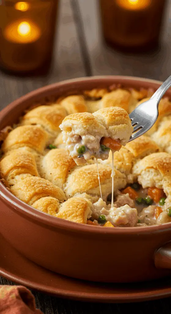 A cozy bowl of homemade, creamy Crescent Turkey Cazzserole with a flaky topping, being served for a family dinner.
