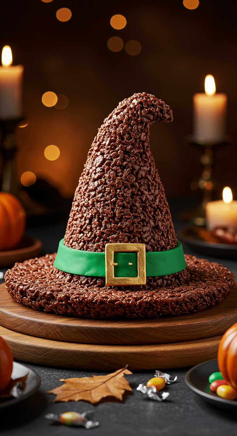 A beautiful, large, 3D, homemade Crispy Treat Witch's Hat, made from chocolate crispy rice treats with a green hatband and a gold buckle, served as a Halloween centerpiece.