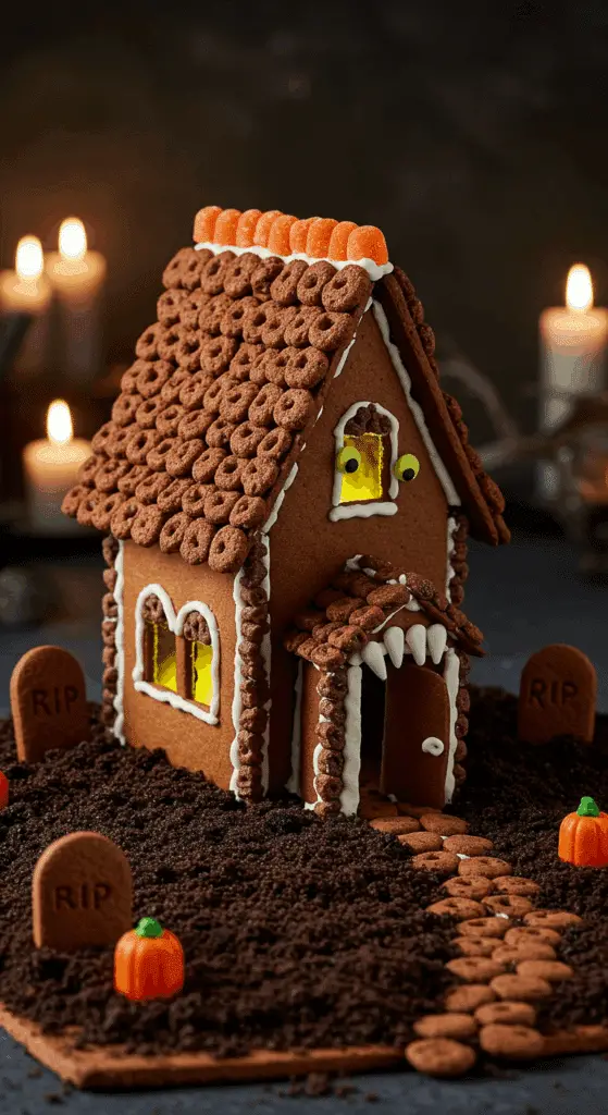 A beautiful, spooky, and fully decorated, homemade Haunted Gingerbread House, with a creepy cereal roof, candy windows, and monster arms, served as a stunning Halloween centerpiece.