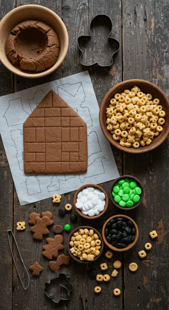 The key, from-scratch ingredients and tools for the spooky and fun Haunted Gingerbread House recipe.