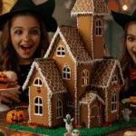 A child's eyes are wide with awe and delight looking at the spooky and impressive homemade Haunted Gingerbread House at a fun family Halloween party.