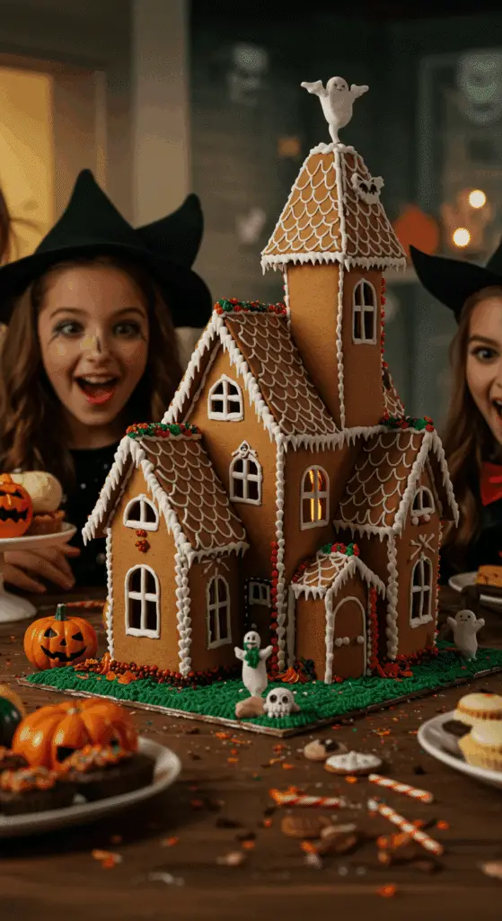 A child's eyes are wide with awe and delight looking at the spooky and impressive homemade Haunted Gingerbread House at a fun family Halloween party.