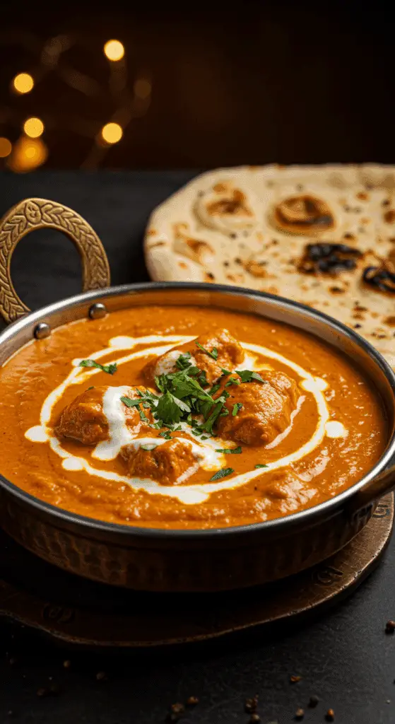 A beautiful, rustic bowl of homemade, creamy, and orange Butter Chicken, garnished with a swirl of cream and fresh cilantro, with a piece of naan bread on the side.