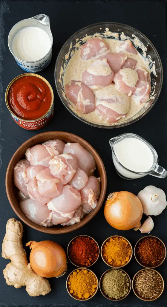The simple, fresh ingredients for the classic, easy, and creamy Butter Chicken recipe.