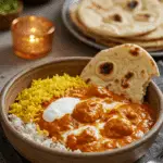A cozy bowl of homemade, creamy Butter Chicken served over a bed of basmati rice for a delicious dinner.