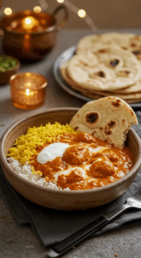 A cozy bowl of homemade, creamy Butter Chicken served over a bed of basmati rice for a delicious dinner.