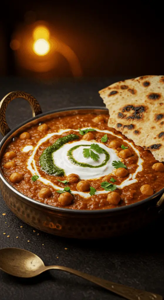 A beautiful, rustic bowl of homemade, authentic, and hearty Chana Masala, garnished with a dollop of yogurt and fresh cilantro.