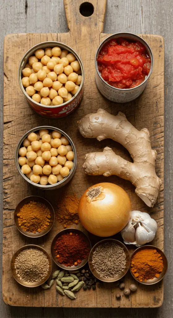 The fresh, from-scratch ingredients for the classic, easy, and authentic Chana Masala recipe.