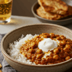A cozy bowl of homemade, healthy Chana Masala served over a bed of basmati rice for a delicious dinner.