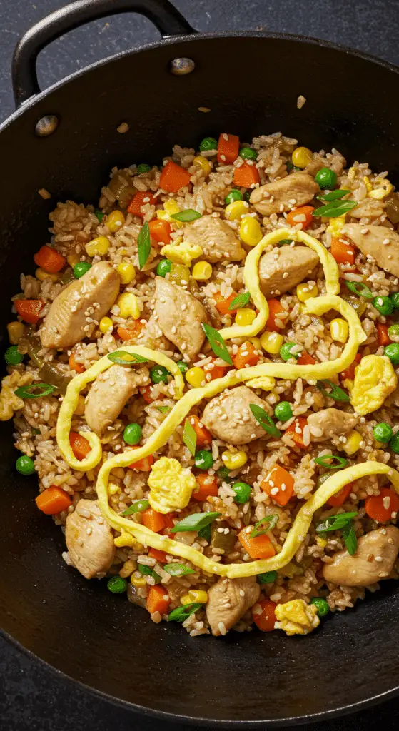 A beautiful, rustic wok of homemade, easy Chicken Fried Rice, with fluffy rice, shredded chicken, and colorful mixed vegetables.