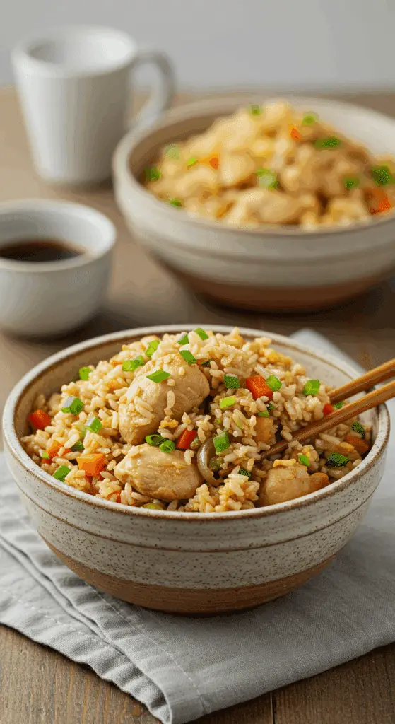 A cozy bowl of homemade, easy Chicken Fried Rice being served with chopsticks for a family dinner.